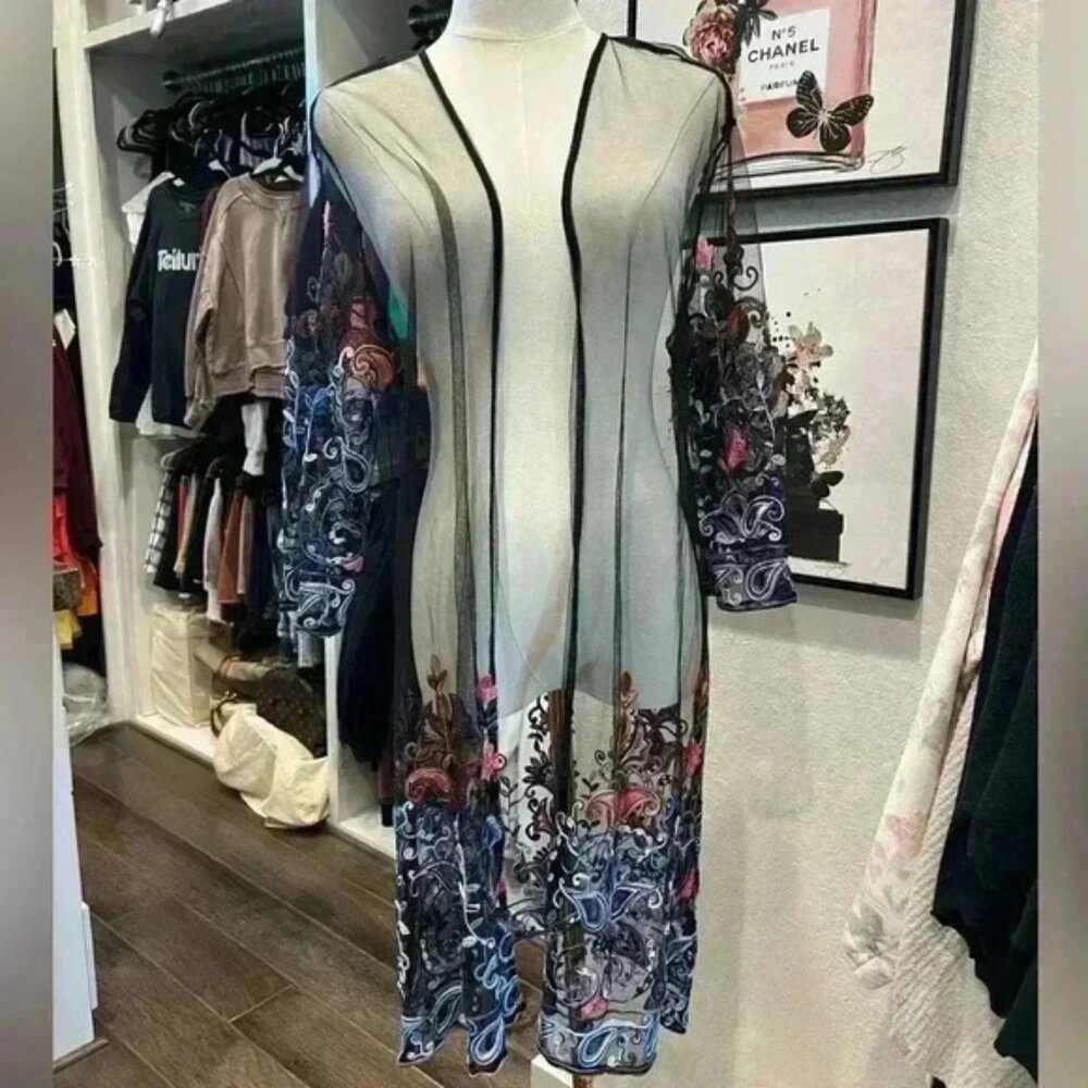 SHEIN Super sheer hand embroidered Kimono/Robe/ Cover Up Size Small